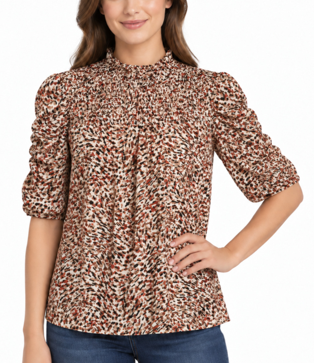 THML Womens Medium Animal Print Smocked Ruched Sleeve Blouse Mock Neck Top Boho